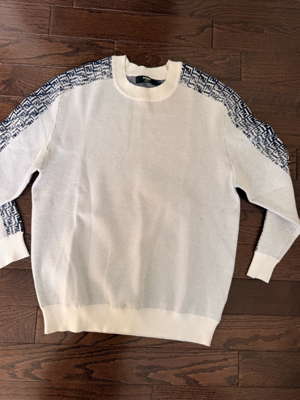 Fendi Cream Crewneck Sweater with Navy FF Shoulder Panels